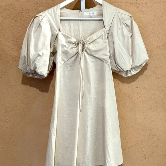 FRAME Off White Tie Neck Puff Sleeve Mini Dress Minimalist Soft Neutral XS - Picture 6 of 7